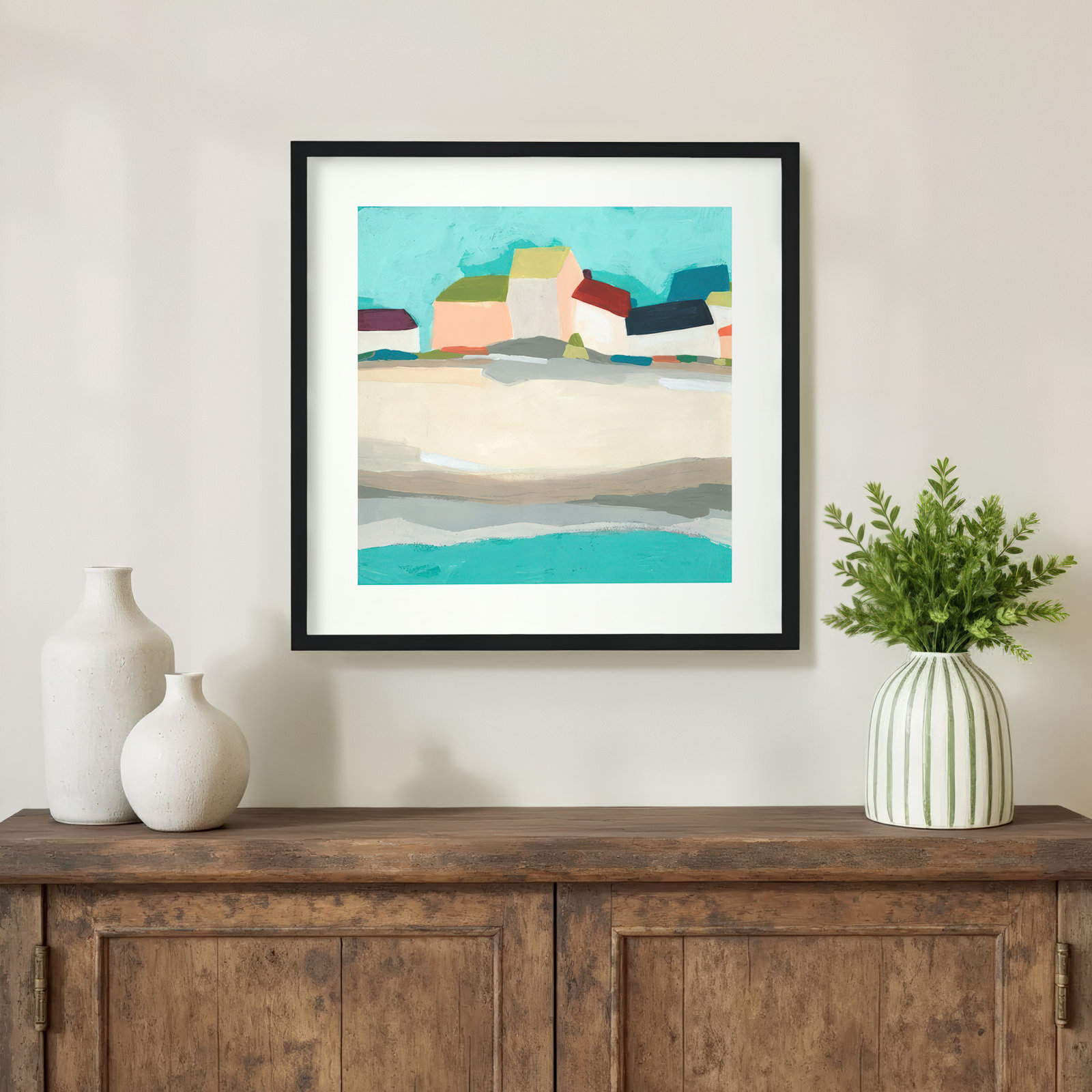 Coastal Village I by June Erica Vess, 25" H x 25" W, Black Framed Paper