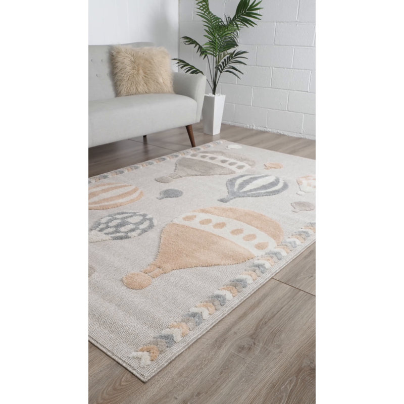 Ivory and Beige Floral Rectangular Kids Rug, 4' x 6'
