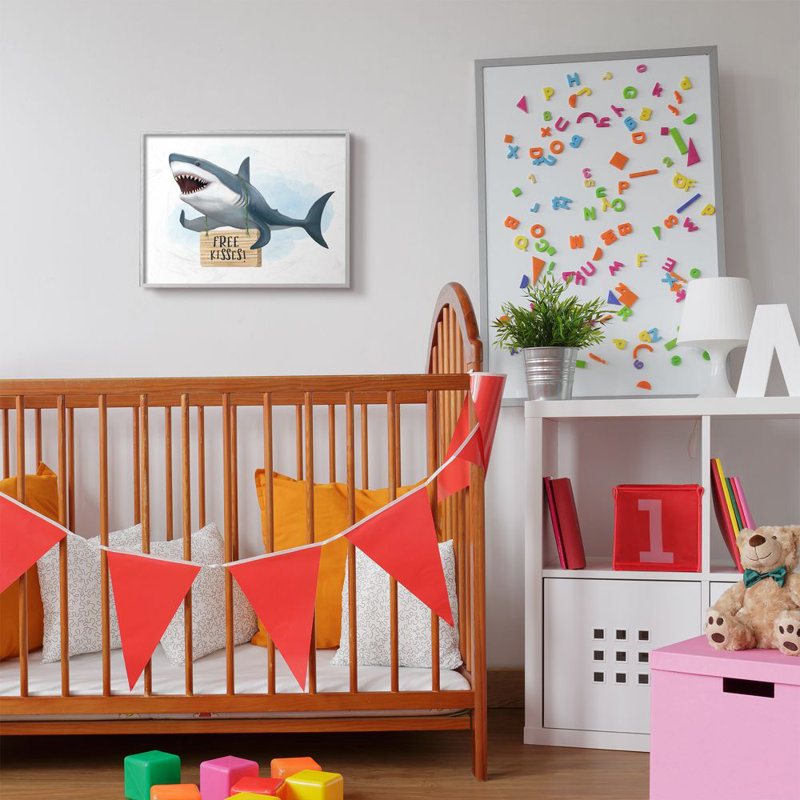 Impression d’art graphique, "Nautical Shark Free Kisses", H 16 po x l 20 po x 1,5 po, Estampe numérique Farmhouse