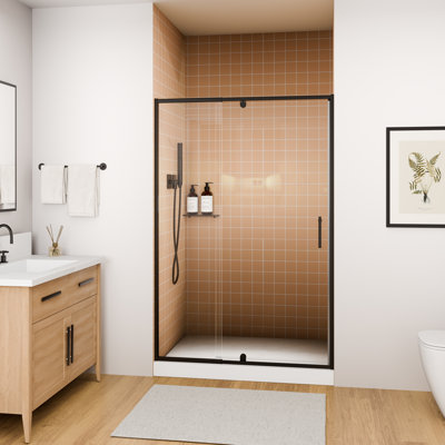  Vital 44-48"W X 71"H Pivot Semi-Frameless Shower Door for Bathroom with 1/4"(6MM) Clear SGCC Tempered Glass, Reversible Installation, Matte Black Aluminum Frame