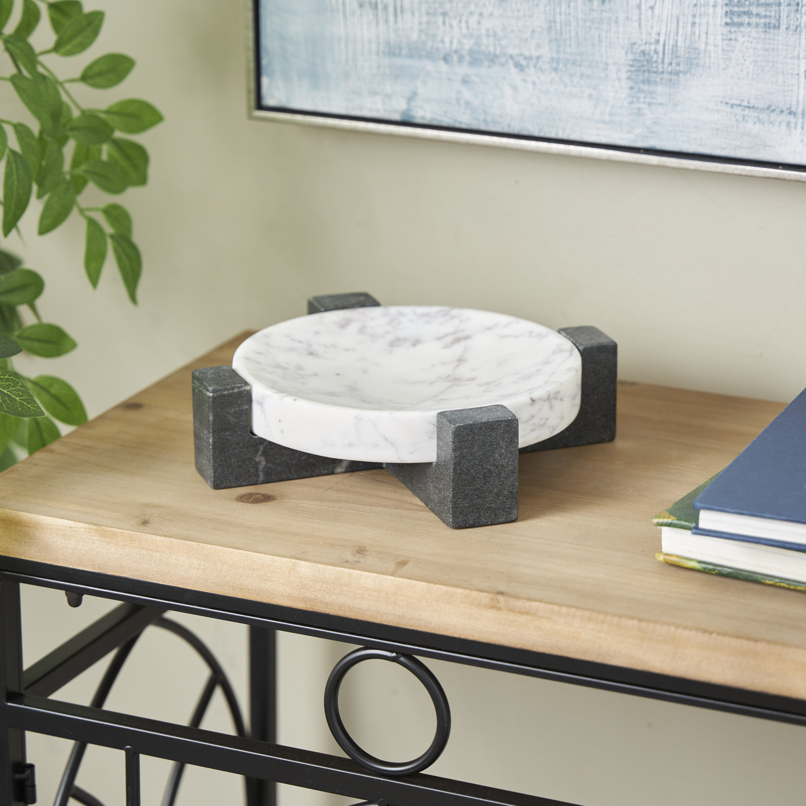 Cole And Grey Marble Round Geometric Tray With Black X-Shaped Base, 2.6" H x 8.15" W x 8.1" D