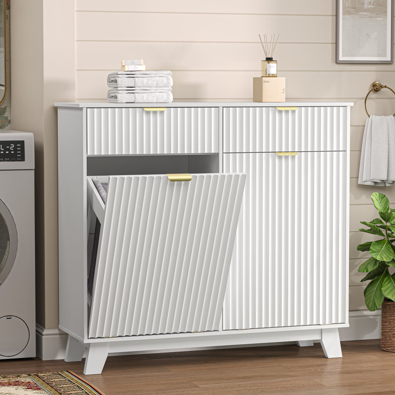 Wave Design 2-Door 2-Drawer Tilt Out Trash Cabinet, MDF Freestanding Kitchen Laundry Storage (Trash Can Not Included), White