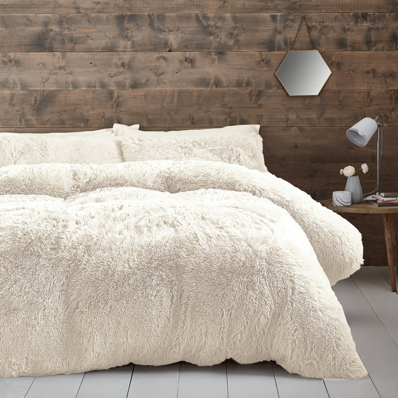 Cuddly Faux Fur Duvet Cover Set with Pillowcases, Single Duvet Cover - 1 Standard Pillowcase, Cream