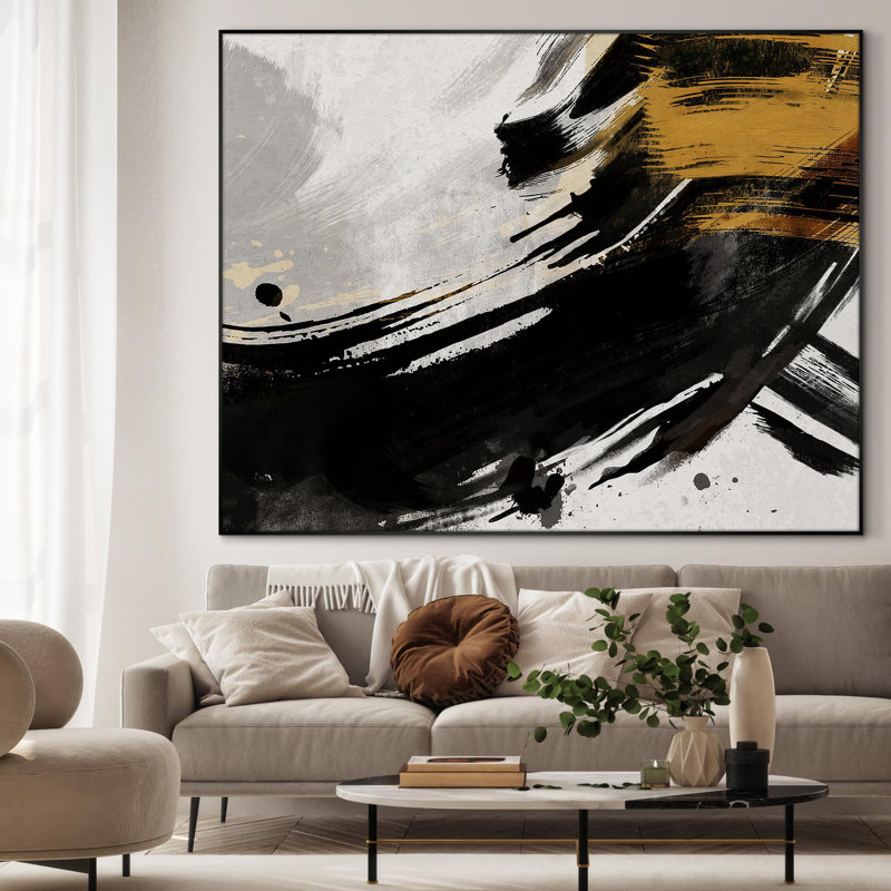 Contemporary Abstract Dynamic Black Brushstroke Home Decor Extra Large Framed Wall Art Print (Frame Assembly Required)