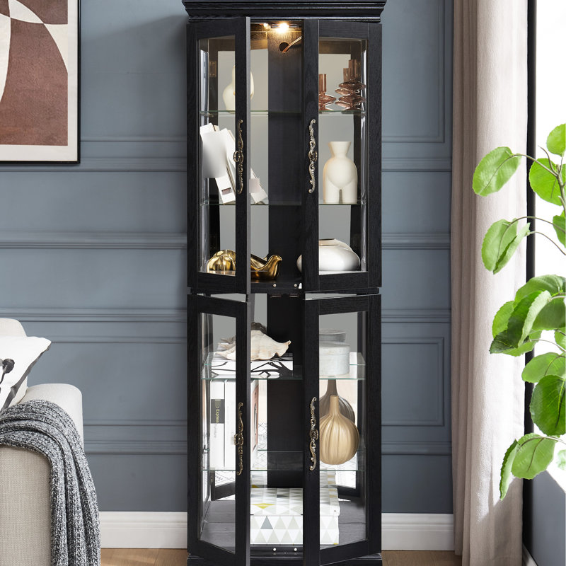 Armoire en verre éclairée noire avec savoir-faire exquis pour le salon, charnière de présentation élégante à six niveaux Idéal et objets encastrés