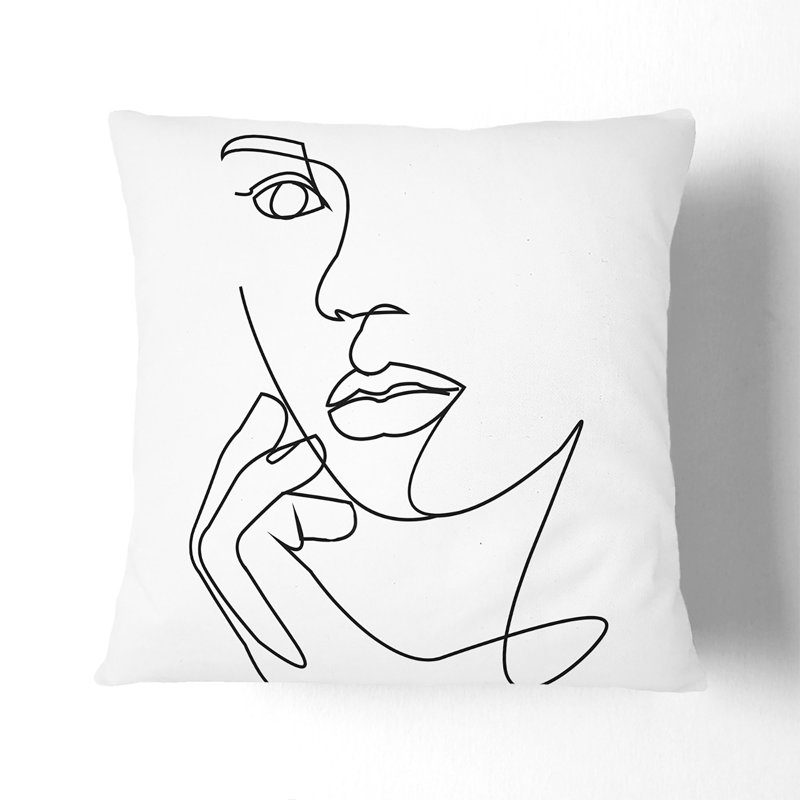 Line Female Face Square Throw Cushion, 40cm H x 40cm W x 15cm D, Black
