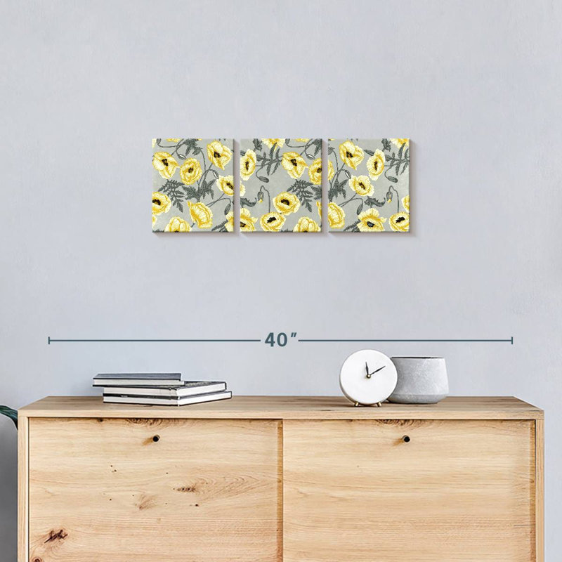 Motif de pavot jaune 3 pièces, H 8 po x l 26 po x P 1 po