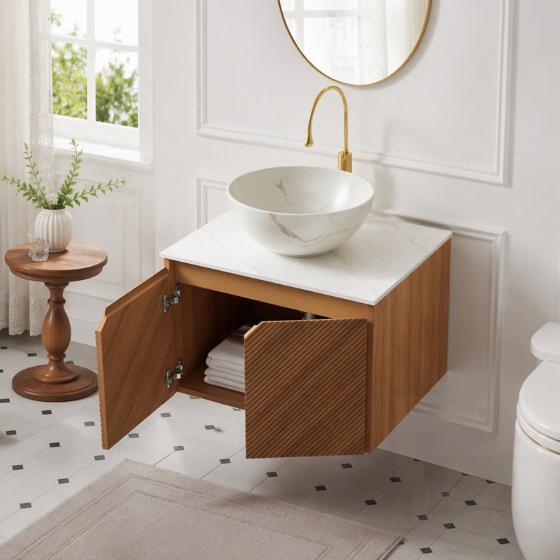 Wall Mounted Single Double Single Vanity Bathroom Vanity With Top, 15.75"H*24"W*19.69"D, Bowl White Stone Vessel