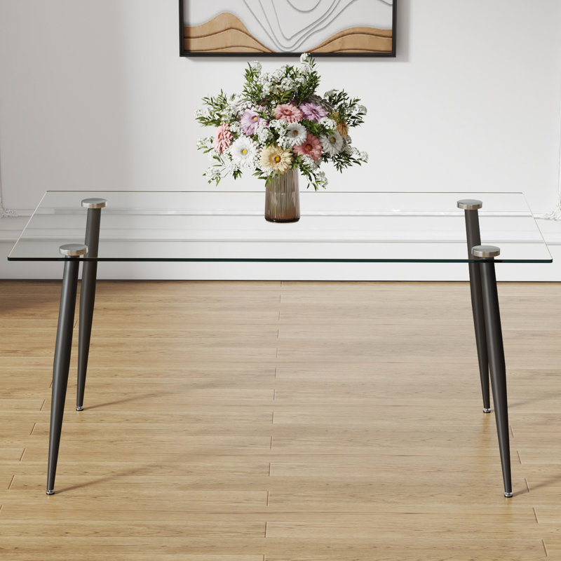 Table de salle à manger rectangulaire en verre pour 4 à 6 personnes - Bureau moderne avec pieds en métal trempé et noir pour cuisine et salon Glisten