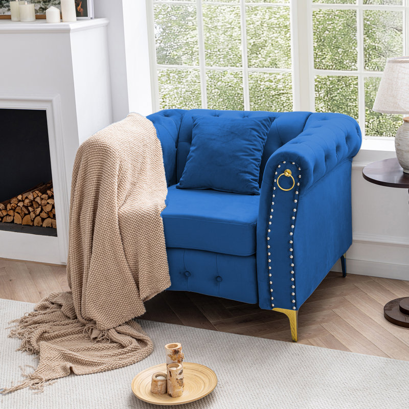  40.9" Velvet Chesterfield Chair, Blue