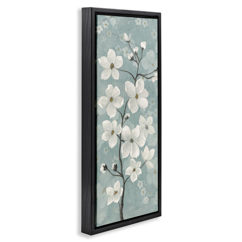 Fleur de pommier sur cadre flottant vert, design par Janet Tava, H 25 po x l 11 po, Cadre flottant noir de jais