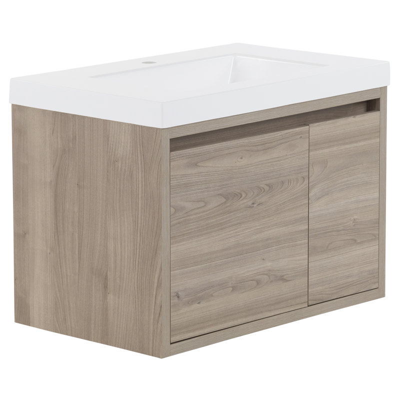 Meuble-lavabo mural simple 30,5 po avec plateau en marbre de culture, Orme de forêt