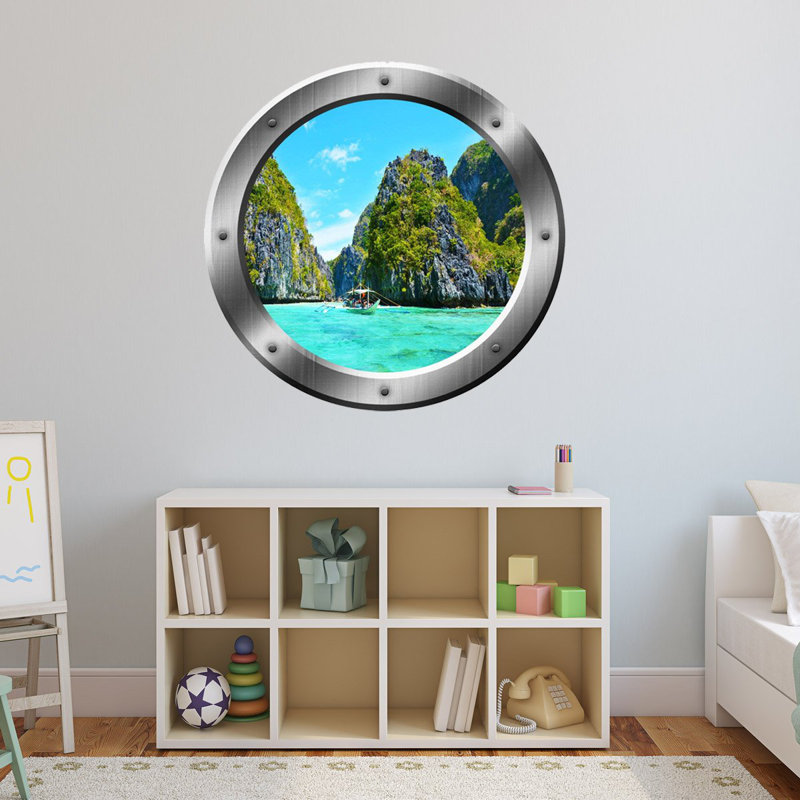 Décalcomanie murale 3d ocean montagnes hublot, H 20 po x l 20 po x P 0,01 po