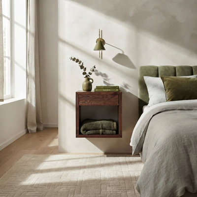 Daviaun - Small Scandinavian Floating Nightstand | Real Wood Nightstand with Drawer, Bedside Cabinet