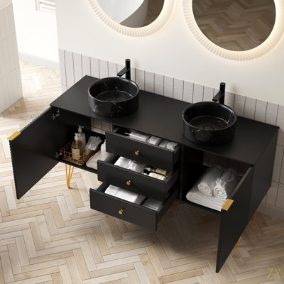 Meuble-lavabo de salle de bain GEMA de 60 po, armoire de rangement autoportante en contreplaqué avec 4 pieds, 3 tiroirs et 2 portes, 2 vasques en céramique à motif de pierres et plateau en pierre frittée, pré-assemblé