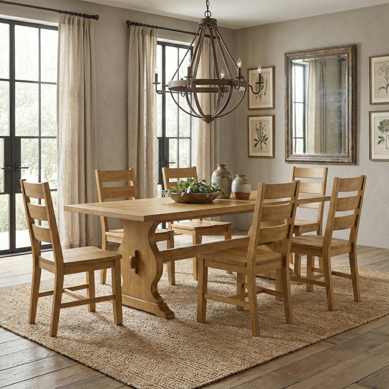 Almeda Traditional 70.8" Rectangular Dining Table Set, 7 Pieces: Table, 6 Chairs, Light Yellow Wood