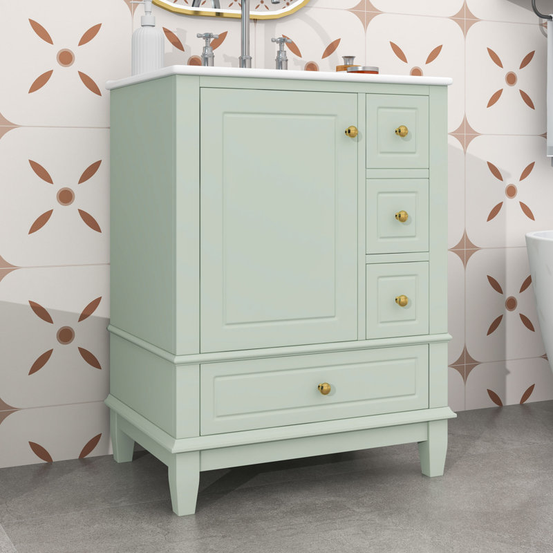 Meuble-lavabo autoportant avec lavabo en céramique 3 tiroirs et armoire de rangement, Vert clair