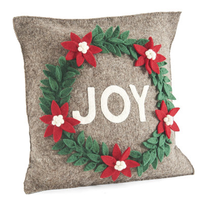 Coussin de Noël en laine feutrée à la main - Couronne Joy - 20 po