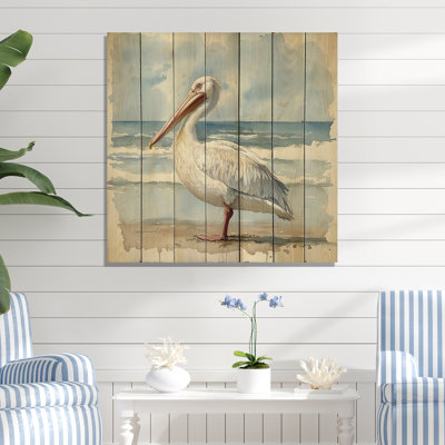 Pelican Guardian Of The Shore I - Heron Animal Wood Wall Art - On Natural Pine Wood