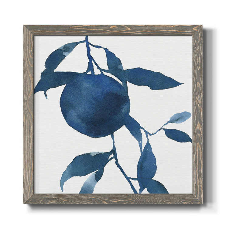 Indigo Oranges II - Toile encadrée de qualité supérieure - prête à être accrochée, Encadré gris