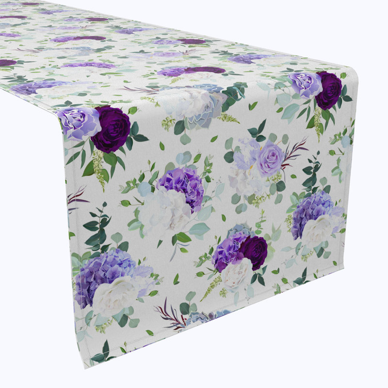 Table Runner, 100% Cotton, 16X108", Purple & White Hydrangeas, 90" L x 16" W