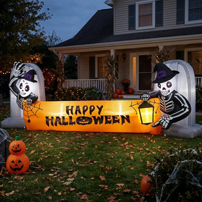 Décoration de jardin gonflable 115 po avec squelettes d'Halloween et bannière Happy Halloween avec lumières DEL intégrées