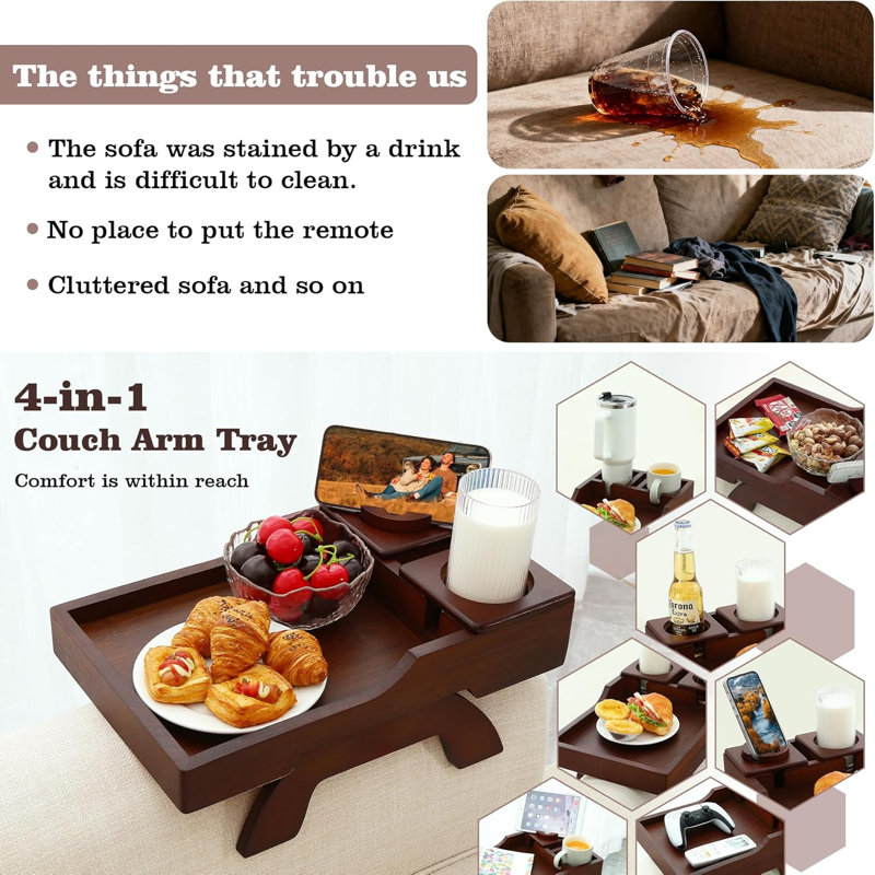 15.4"x9.9" Large 4 in 1 Couch Armrest Table with 360°Rotated Phone Holder