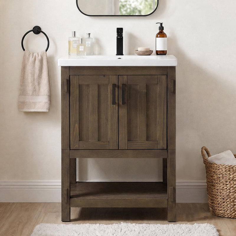 Ensemble de meuble-lavabo simple autoportant 24 po avec plateau en céramique Larangera, Cocoa Brown