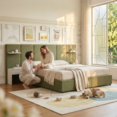 Structure de lit tapissier très grand en velours avec 2 tables de chevet attachées et 2 très grands tiroirs et tablettes flottantes, sans sommier tapissier, vert