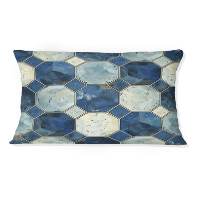 Coussin lombaire Mid-Century à imprimé hexagonal bleu et beige