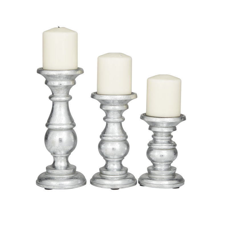 Ensemble de porte-bougies décoratifs de style pilier en bois de manguier tourné, Argent