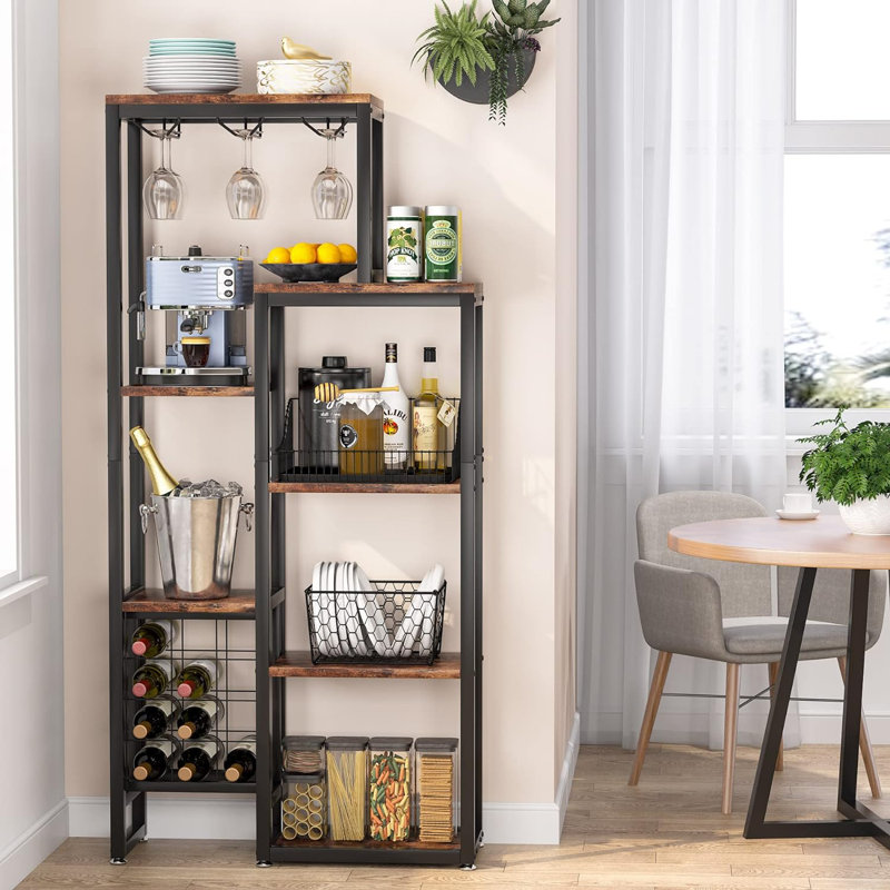 Taneytown 5-Tier Freestanding Floor Wine Rack with Glass Holder & Wine Storage Rustic Brown/Black