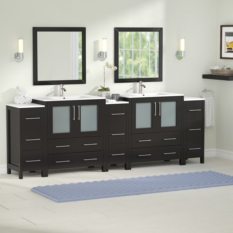  Modern 96" Double Bathroom Vanity Set with Mirror, Espresso