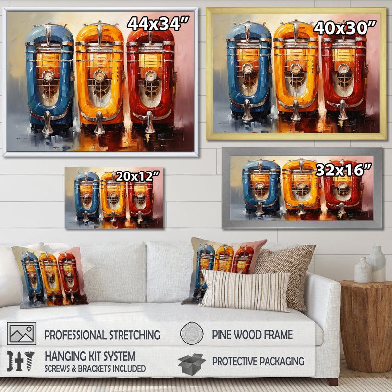 Coloful Modern Jukebox Jams 1 - Jukeboxes, art mural, Cadre d'angle fermé noir, H 34 po x l 44 po x P 1,5 po