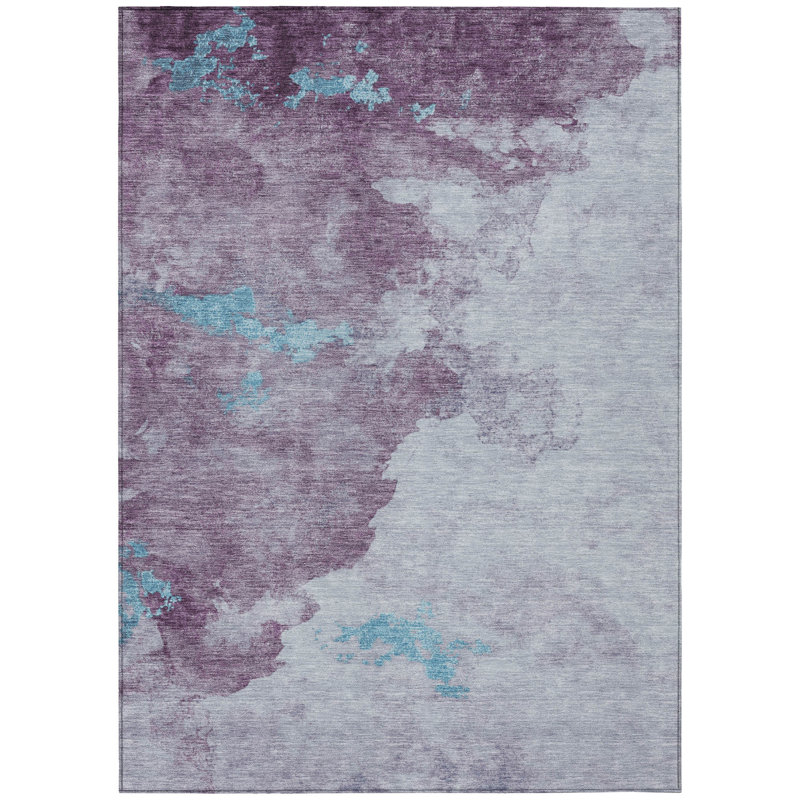 3' X 5' Lavender And Teal Blue Abstract Washable Indoor Outdoor Area Rug