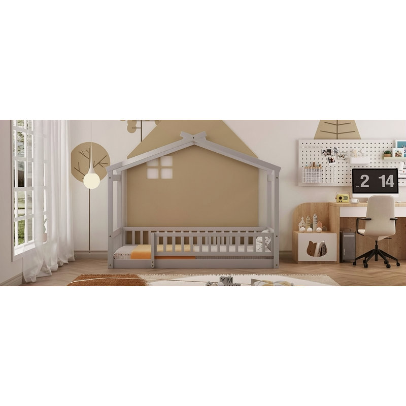 Cadre de lit en bois avec clôture, Gris, Lit simple