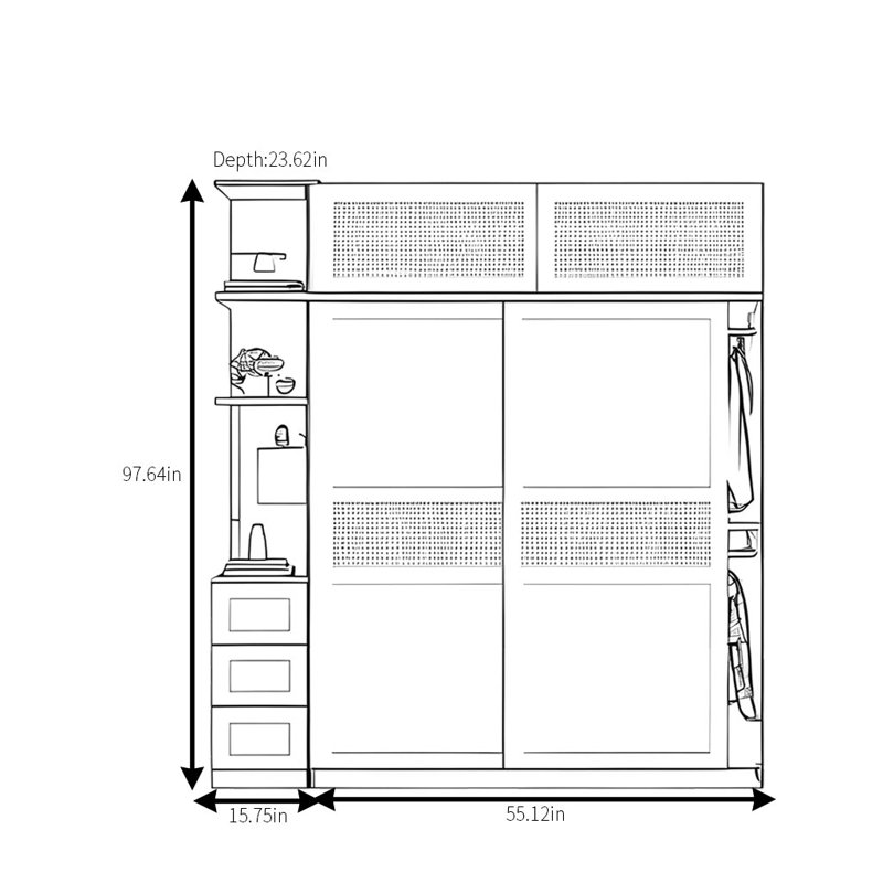 Armoire rétro en rotin tissé classique, H 97,64 po x l 70,87 po x P 23,62 po