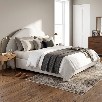 Upholstered Platform Bed, Boucle, Low-Profile, Curved Arched Headboard, Modern, Bedroom