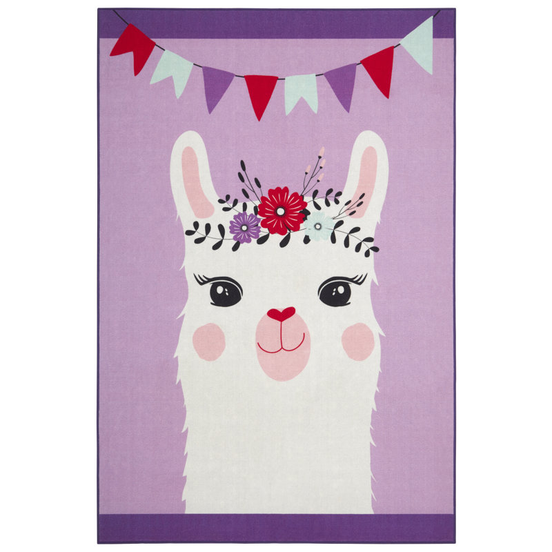 Eneas Llama Kid's Washable Area Rug 3'X5', Multi/Purple/White, Rectangle 6' x 9'