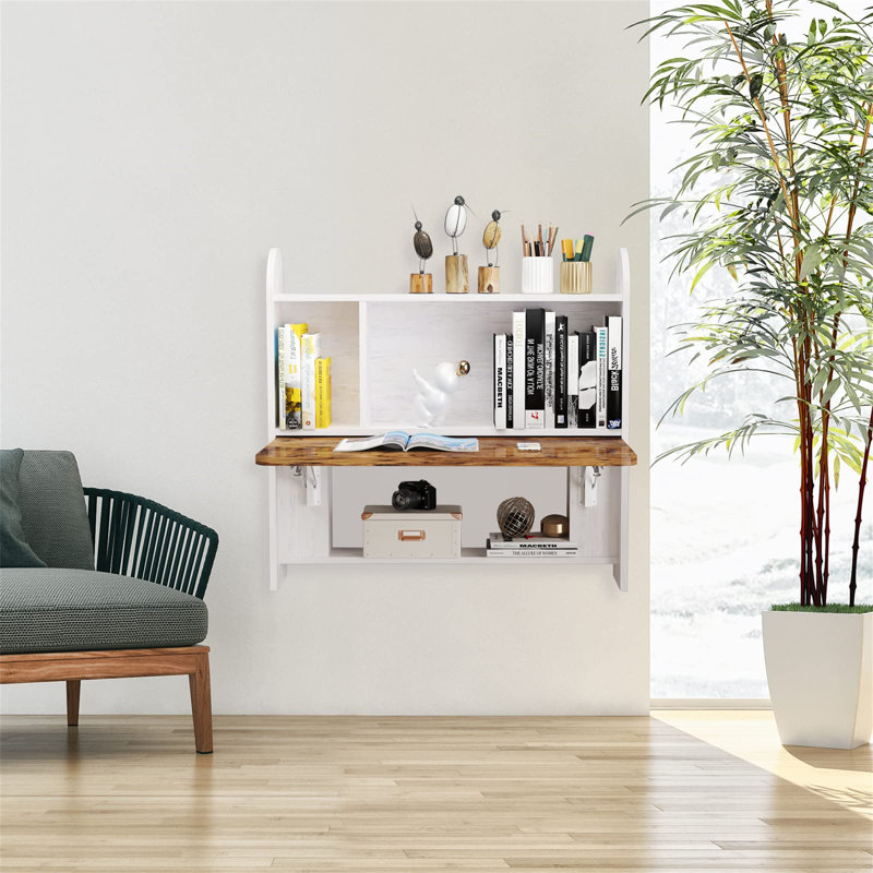 Wall Mounted Drop-Leaf Table, Floating Laptop Desk, Folding Table With Shelves, Multifunctional Computer Workstation With Storage Compartments In Home Office For Space Saving