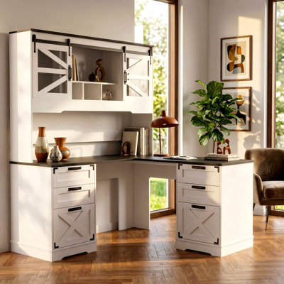57" Farmhouse L Shaped Executive Desk With Drawers and Hutch, Home Office Corner Desk With Charging Station, White
