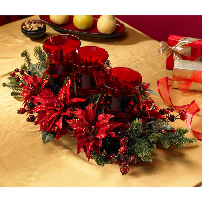  Poinsettia & Berry Triple Candelabrum