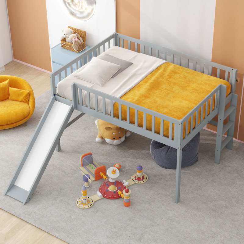 Low Loft Bed With Slide, Gray, Full