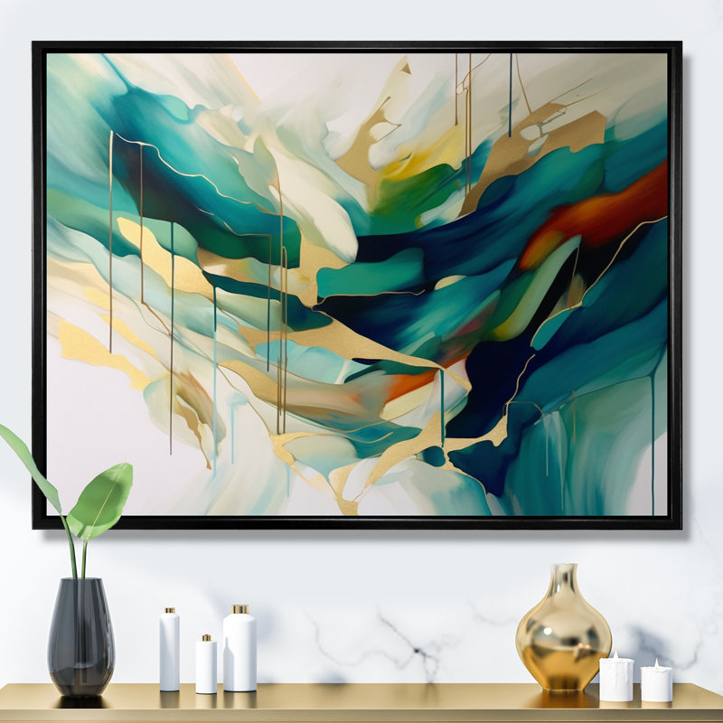Crème et vert harmonique Convergence I, Cadre flottant noir, H 24 po x l 32 po x P 1 po