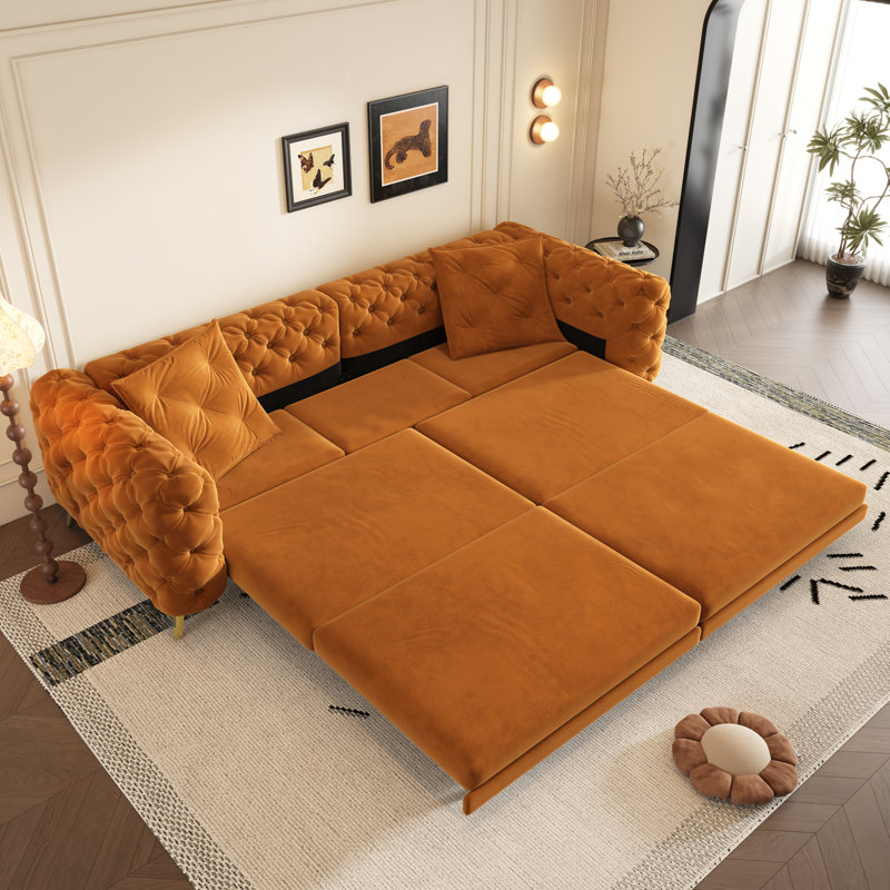 Canapé-lit 97,7 po convertible 3-en-1 capitonné à 4 boutons avec repose-pieds mobile orange, Orange