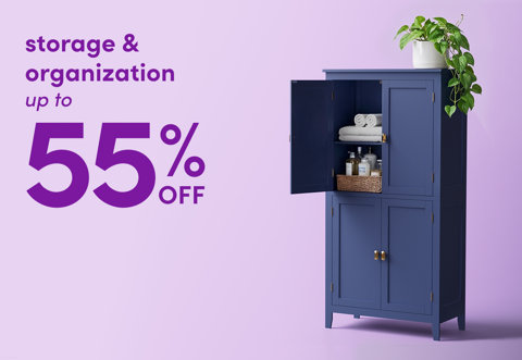 Storage and organization up to 55% off, featuring a blue storage cabinet with open doors revealing towels and toiletries against a purple background.