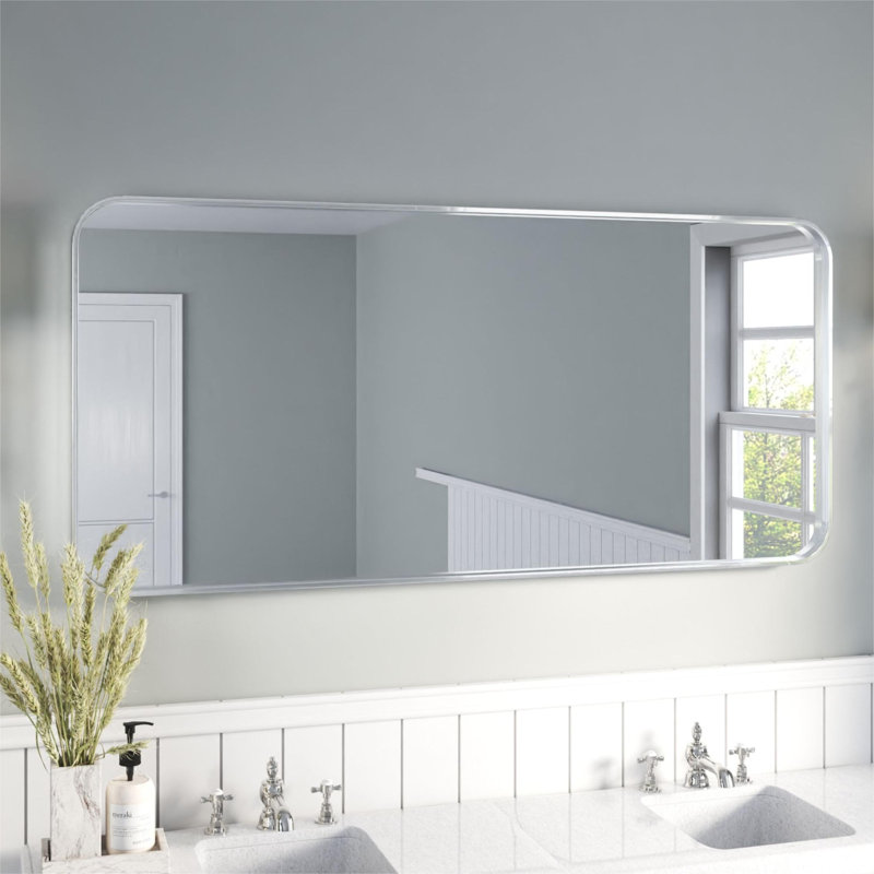 Élégant miroir encadré en aluminium avec coin arrondi pour une décoration intérieure élégante, Argent argent, 60 po x 28 po