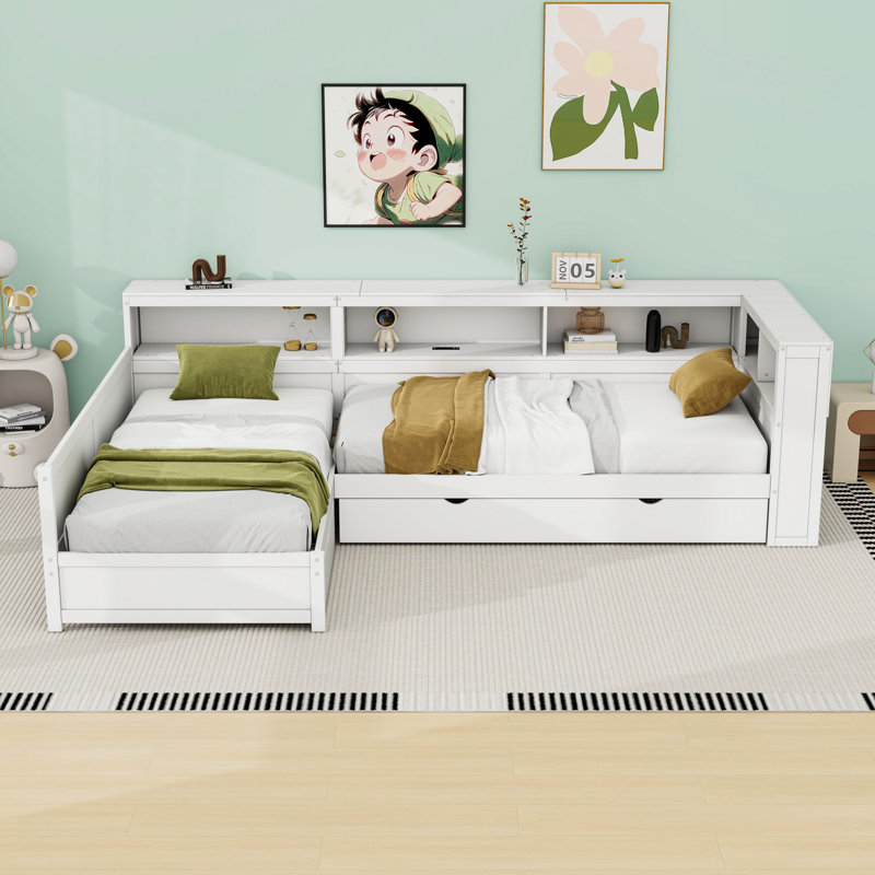 Lit plateforme simple en bois avec tablettes, tiroir, lit gigogne et station de charge, Blanc