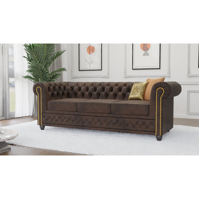 Chesterfield Friedrich 3 Seater Sofa with Sleeping Function Made of Vintage Look Microfibre with Solid Wood Legs, Dark Brown