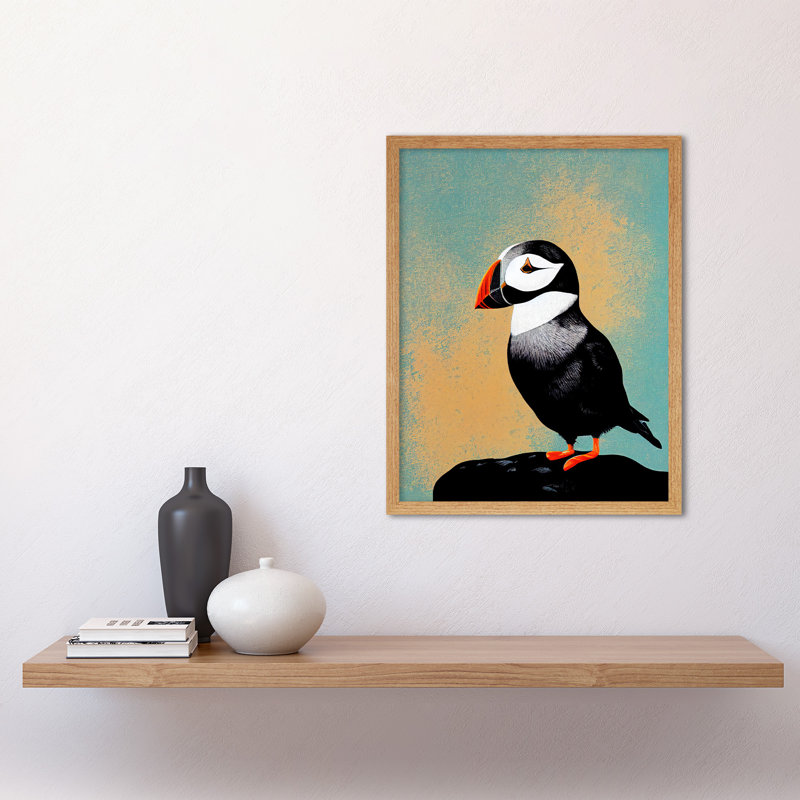 Cute Puffin Bird Rock Modern Illustration - Rectangle Print, 43cm H x 33cm W x 2cm D, Light Brown Framed Unframed